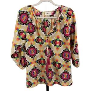 GOA Tunic Top Blouse Size Small Medium Boho Tribal Geometric Tan Pink Yellow